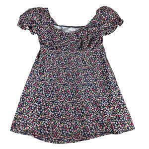 Coco + Jaimeson Dress Womens Large Navy Blue Floral Crew Neck Puff Sleeve Casual